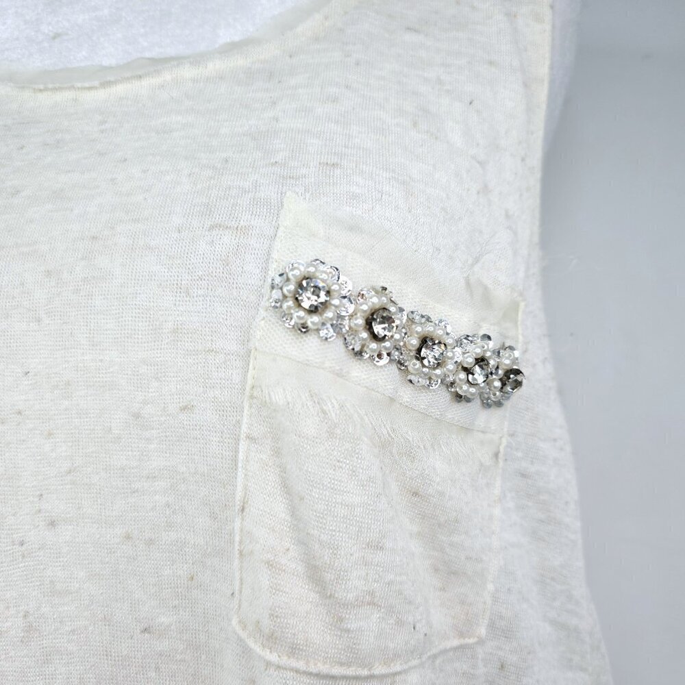 Anthro A’reve Ivory Linen Lace Trim Rhinestone Embellished Sleeveless Tank Top - Picture 3 of 7